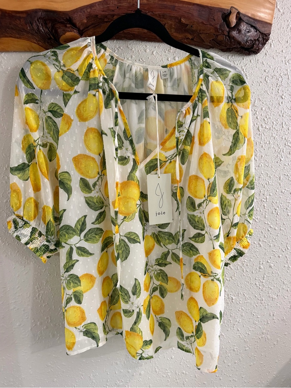 Joie White Lemon Print V-Neck Blouse with Green Leaves - size Large